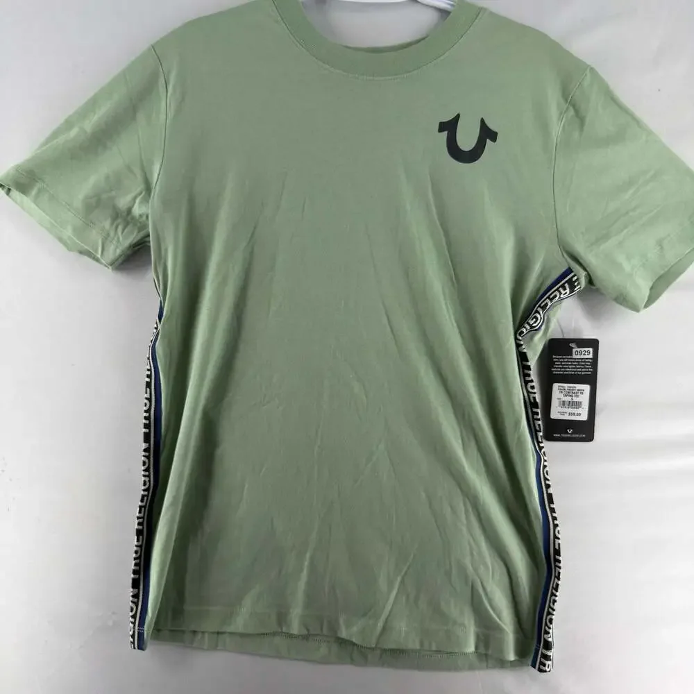 0929 True Religion Men's TR Contrast SS Taping Crew Neck T-Shirt, Frosty Green